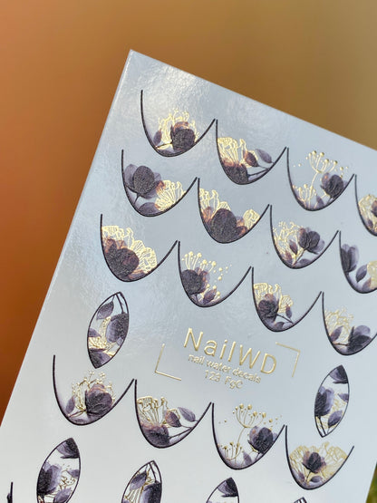 Nail Water Decal 123 NailWD | Water Slide Nail Decals Floral French | Black & Gold Botanical Design