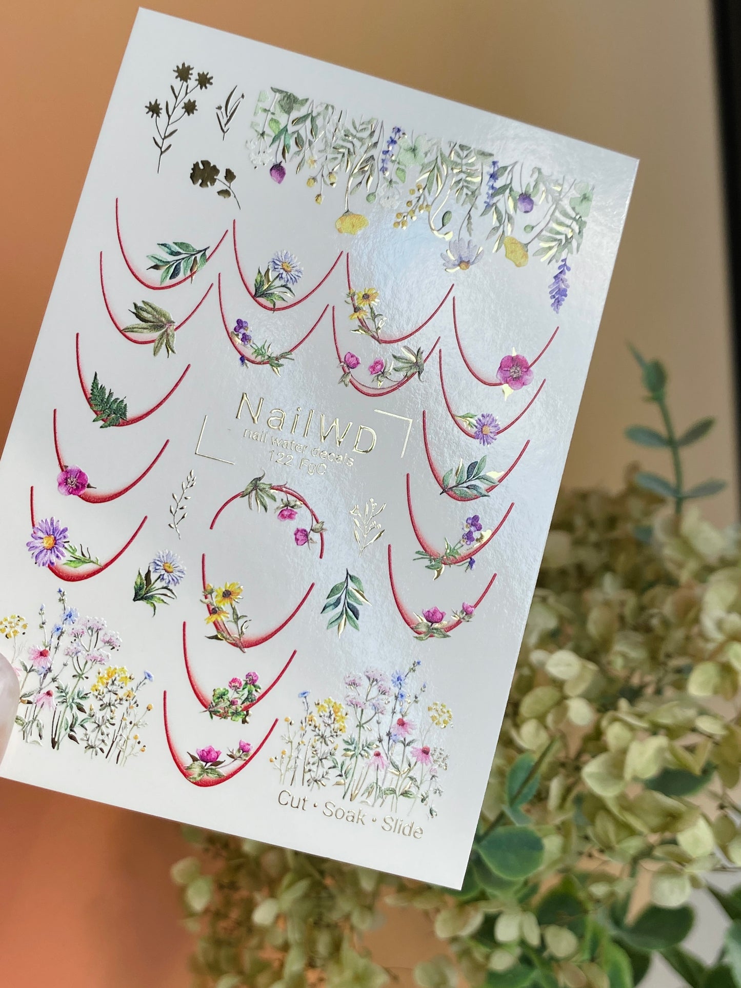 Nálepka na nehty 122 NailWD | Vodní obtisky na nehty květinové francouzské | Design divokých květin na okraji