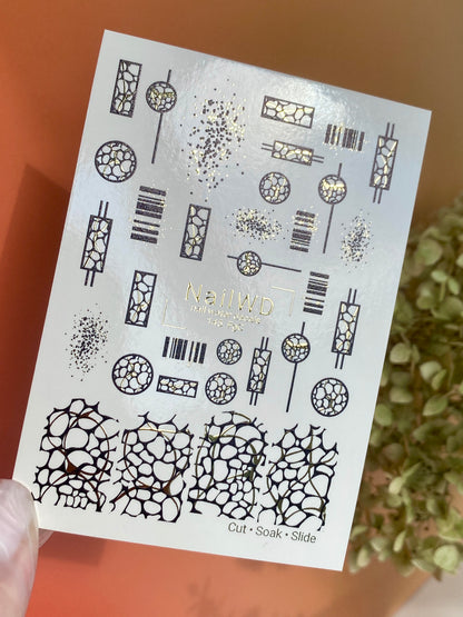 Nail Water Decal 145 NailWD | Water Slide Nail Decals Geometric Abstract | Modern Black & Gold Patterns