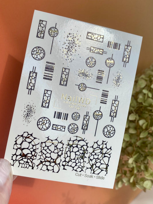 Nail Water Decal 145 NailWD | Water Slide Nail Decals Geometric Abstract | Modern Black & Gold Patterns