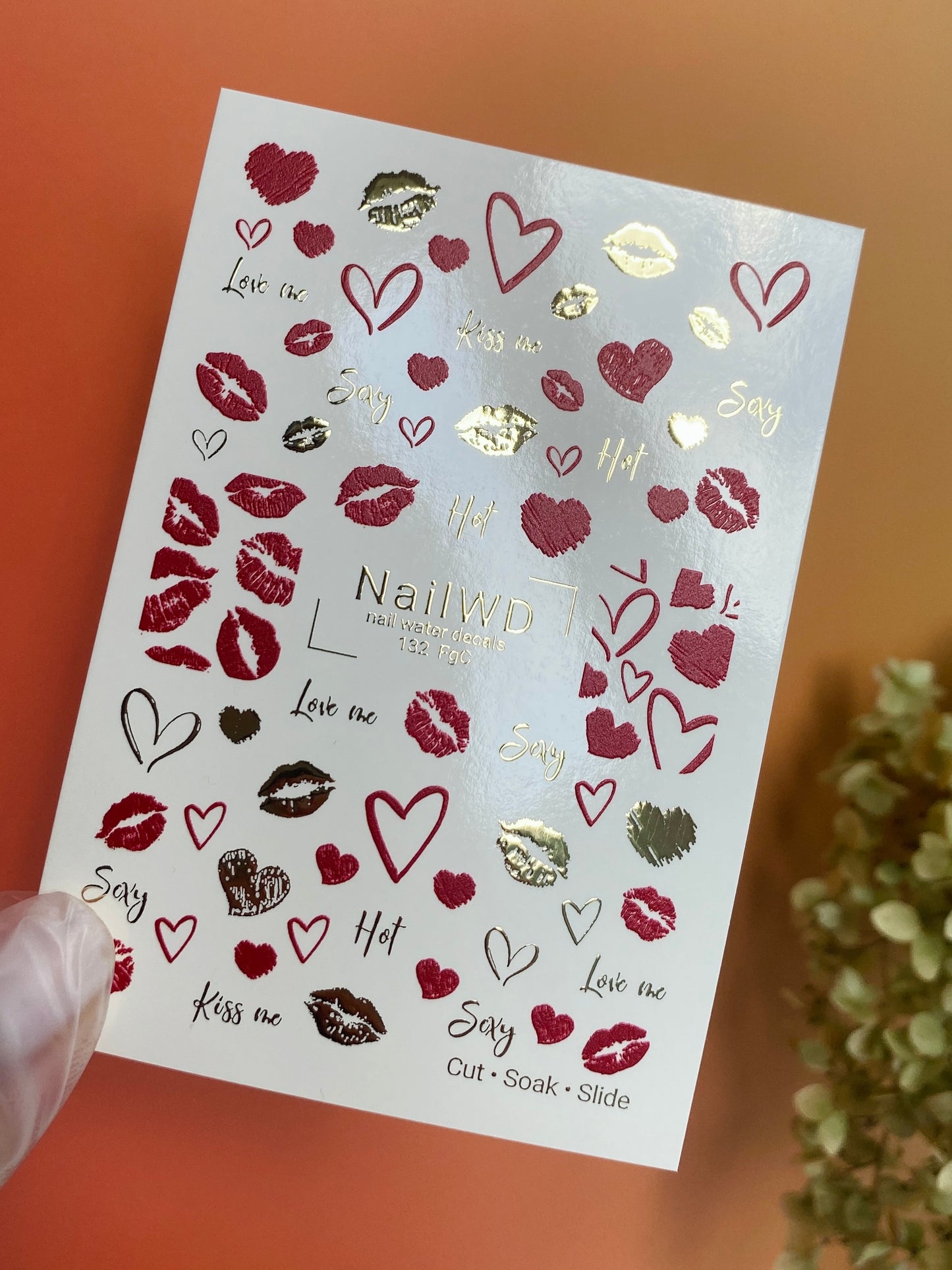 Nail Water Decal 132 NailWD | Water Slide Nail Decals Lips & Hearts | Romantic Kiss Design