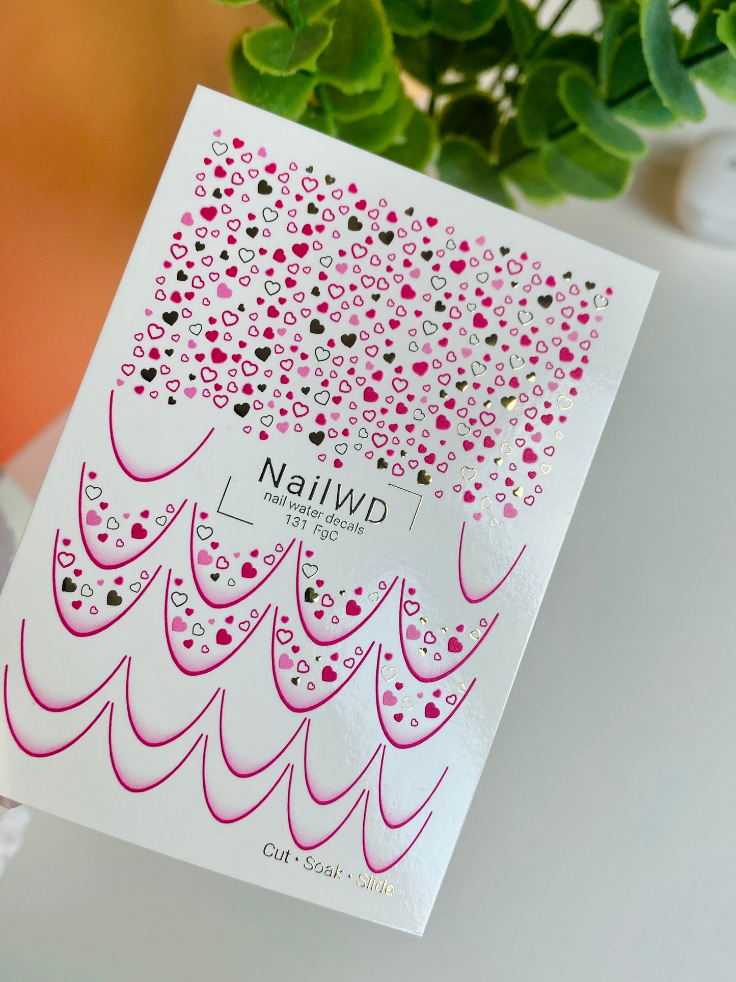 Nail Water Decal 131 NailWD | Water Slide Nail Decals Hearts French | Pink & Gold Romantic Design
