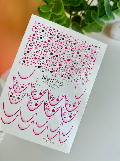 Nail Water Decal 131 NailWD | Water Slide Nail Decals Hearts French | Pink & Gold Romantic Design