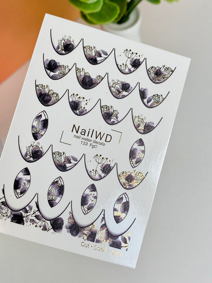 Nail Water Decal 123 NailWD | Water Slide Nail Decals Floral French | Black & Gold Botanical Design