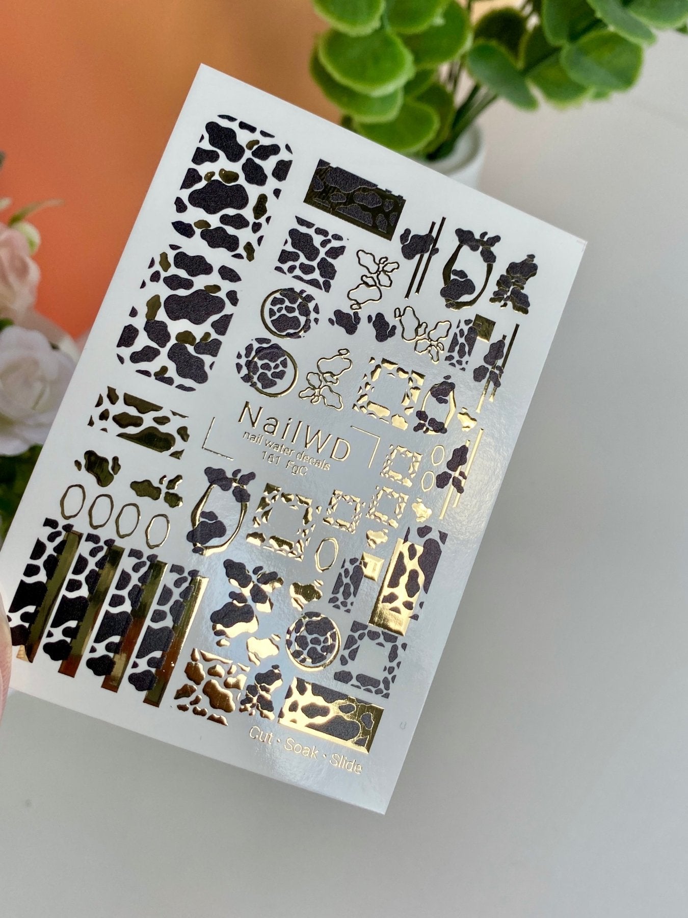 Nail Water Decal 151 Nail WD | Water Slide Nail Decals Cow Print & Gold | Trendy Animal Print Nail Art