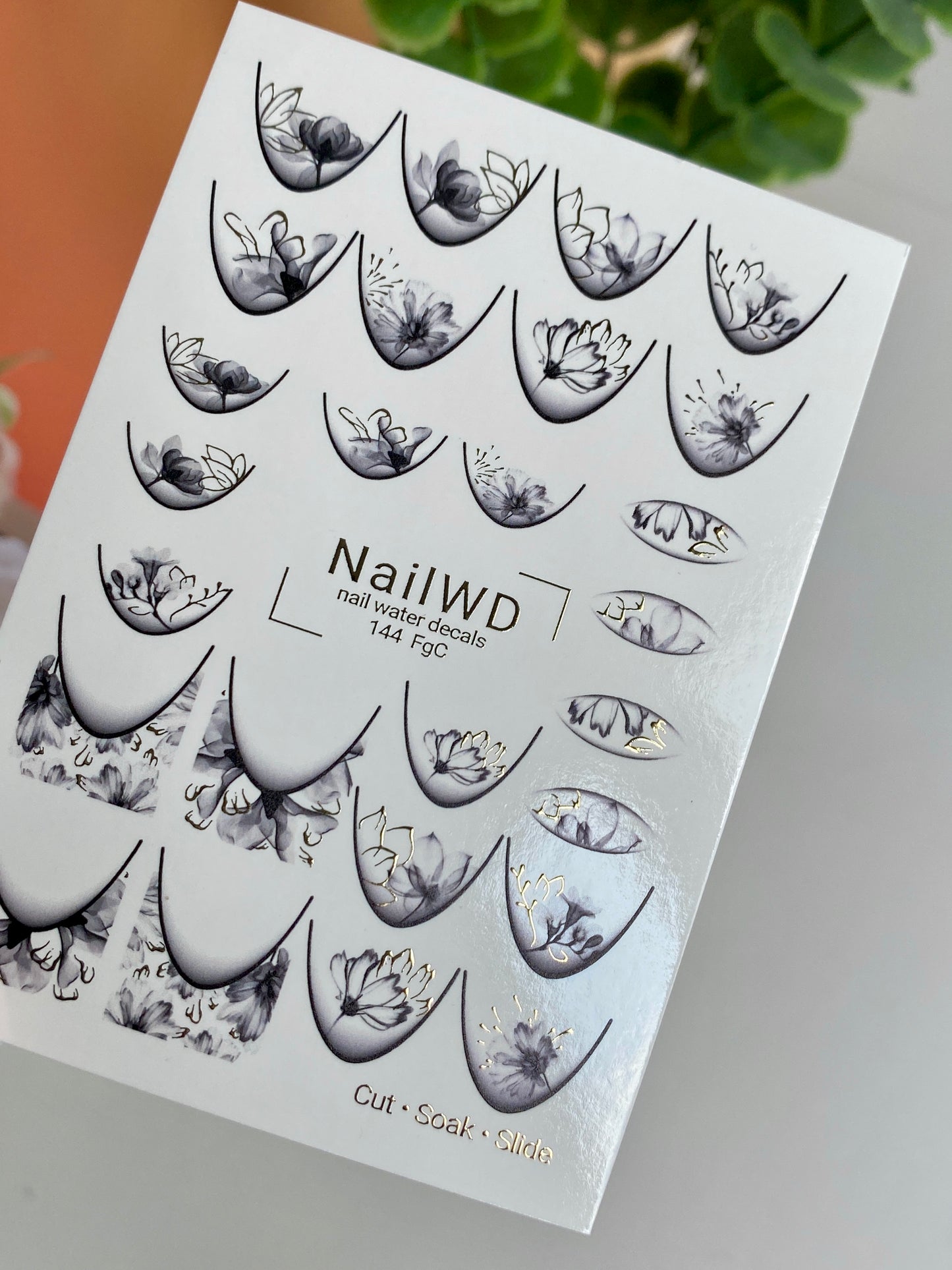 Nail Water Decal 144 NailWD | Water Slide Nail Decals Black & White Flowers | Elegant Floral French Design