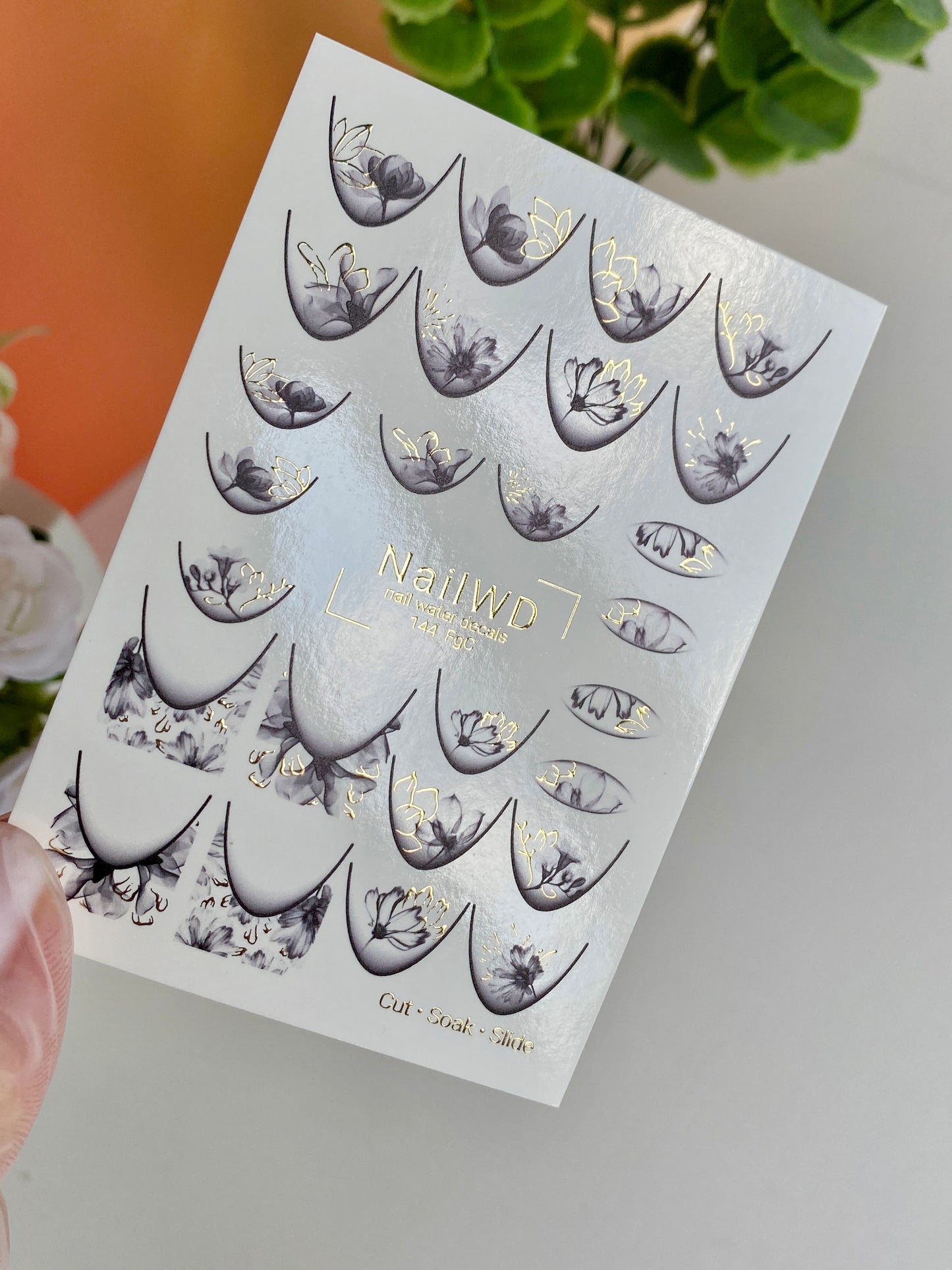 Nail Water Decal 144 NailWD | Water Slide Nail Decals Black & White Flowers | Elegant Floral French Design