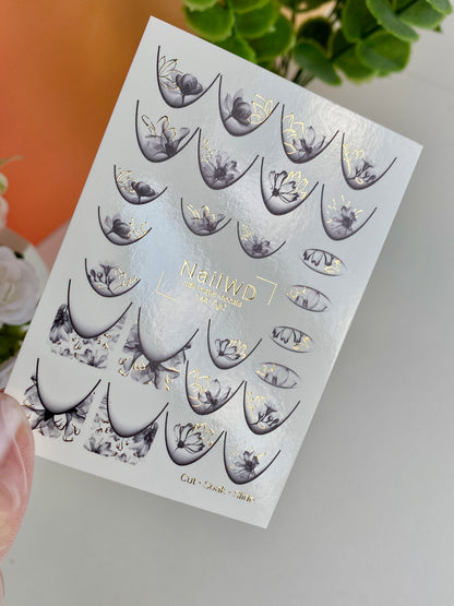 Nail Water Decal 144 NailWD | Water Slide Nail Decals Black & White Flowers | Elegant Floral French Design