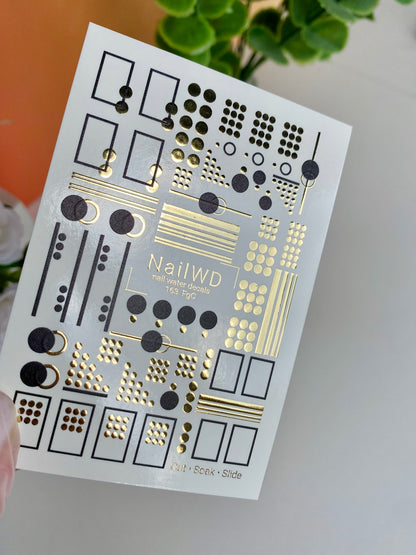 Nail Water Decal 163 Nail WD | Water Slide Nail Decals Geometric Dots and Lines in Gold and Black | Nail Water Decals Modern Abstract Design