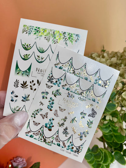 Nail Water Decal 138 NailWD | Water Slide Nail Decals Greenery French | Botanical Leaves & Butterflies