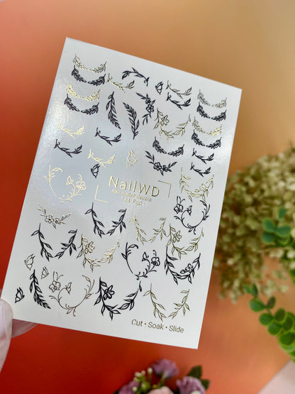 Nail Water Decal 134 NailWD | Water Slide Nail Decals Floral Outlines | Black & Gold Minimalist Wreaths