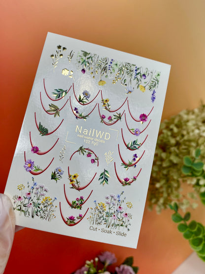 Nálepka na nehty 122 NailWD | Vodní obtisky na nehty květinové francouzské | Design divokých květin na okraji