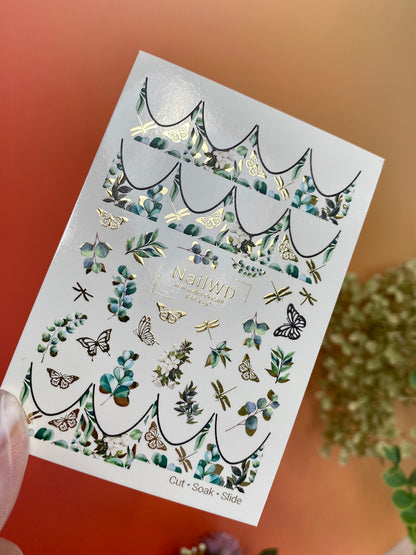 Nail Water Decal 138 NailWD | Water Slide Nail Decals Greenery French | Botanical Leaves & Butterflies