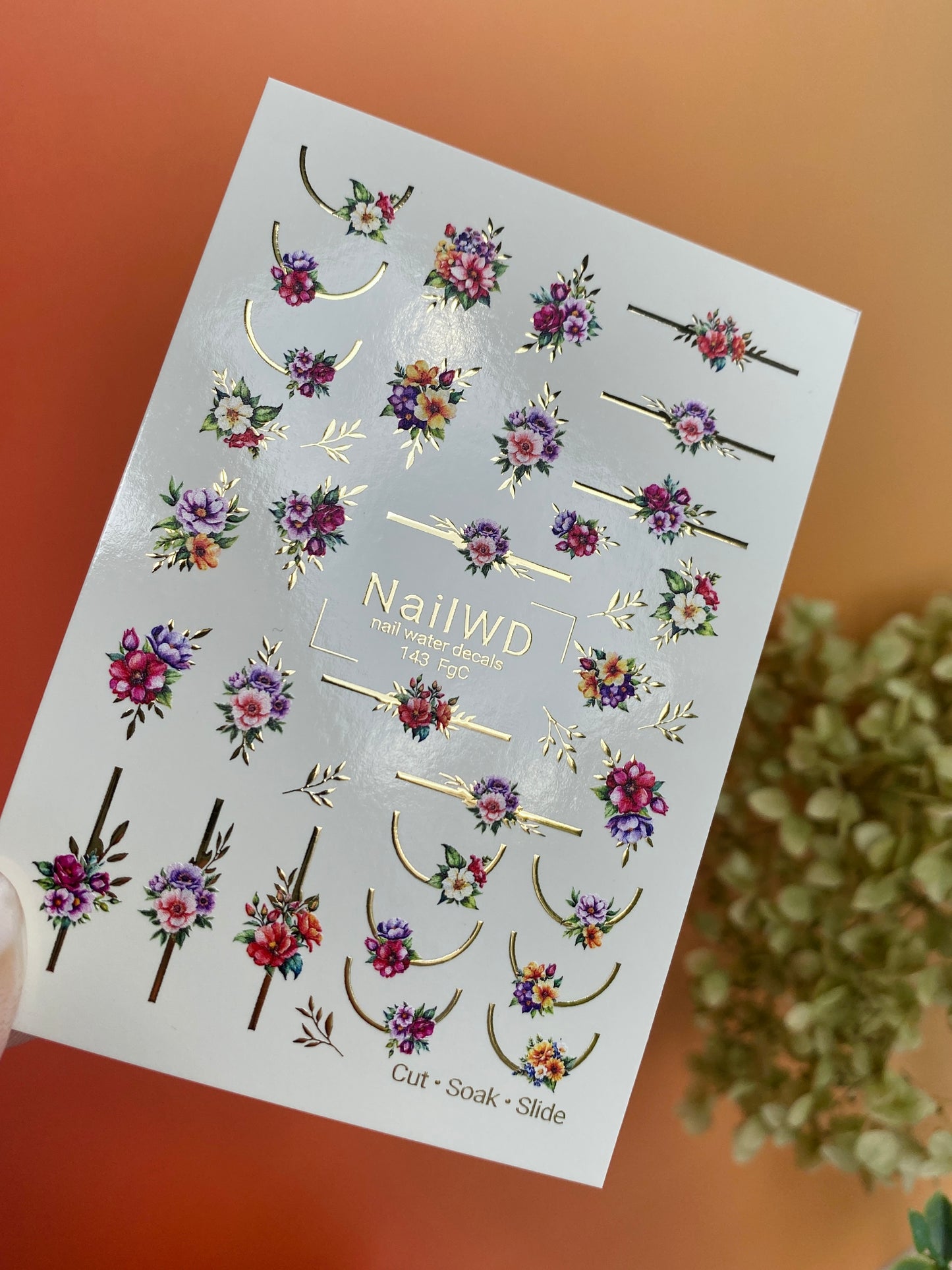Nail Water Decal 143 NailWD | Water Slide Nail Decals Colorful Flowers | Floral French with Gold Accents