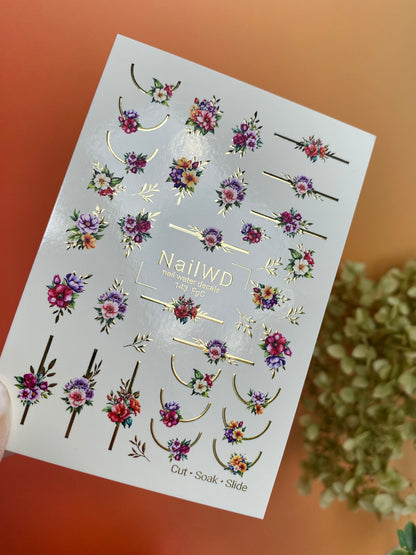 Nail Water Decal 143 NailWD | Water Slide Nail Decals Colorful Flowers | Floral French with Gold Accents