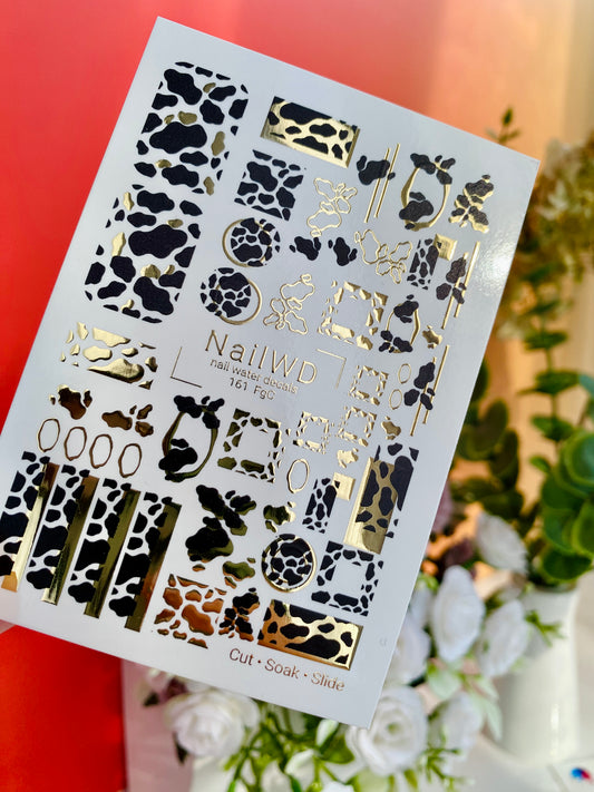 Nail Water Decal 161 Nail WD | Water Slide Nail Decals Cow Print with Gold Accents | Nail Water Decals Animal Pattern Design