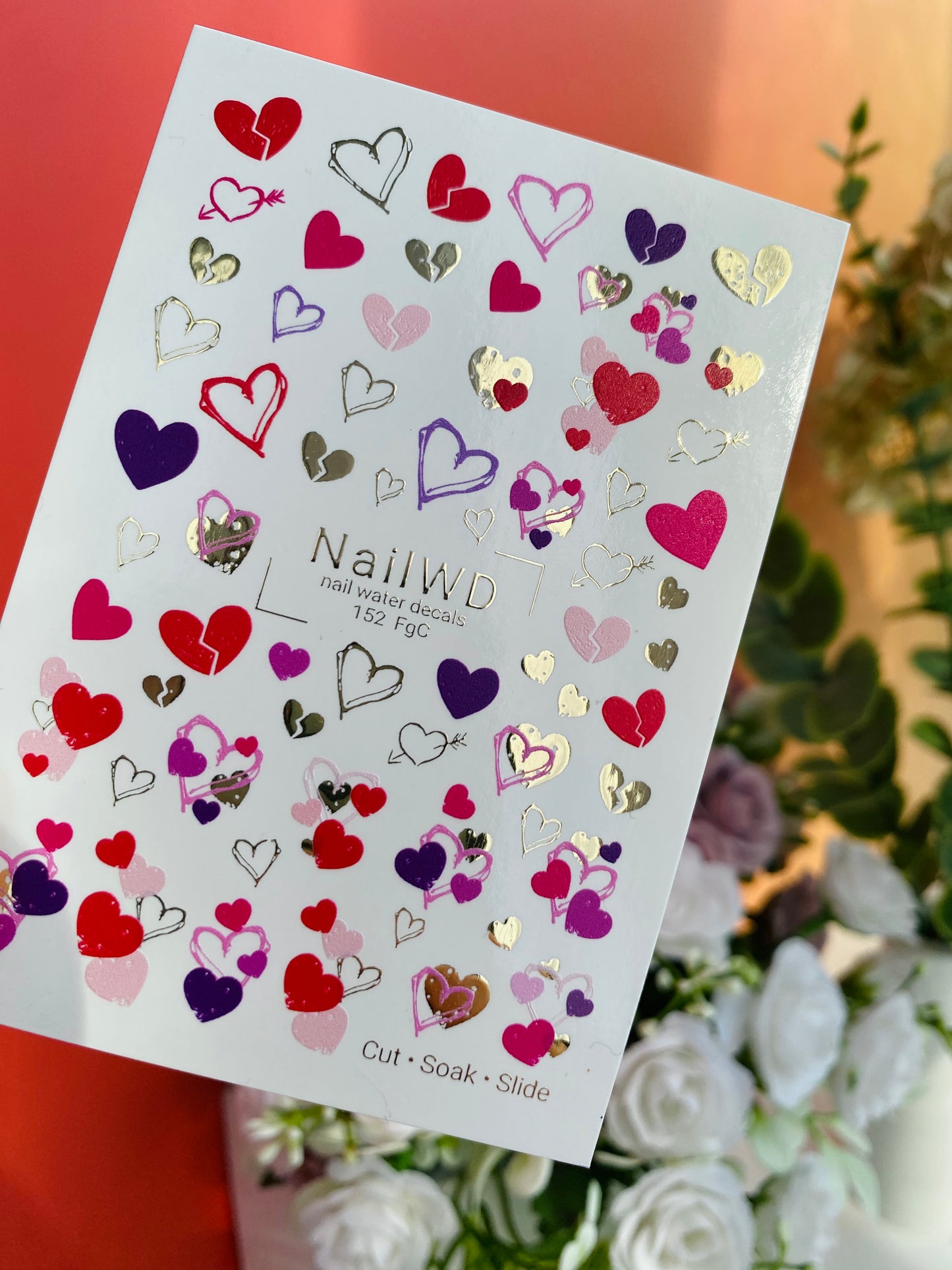 Nail Water Decal 152 Nail WD | Water Slide Nail Decals Colorful Hearts & Gold | Romantic Nail Water Decals
