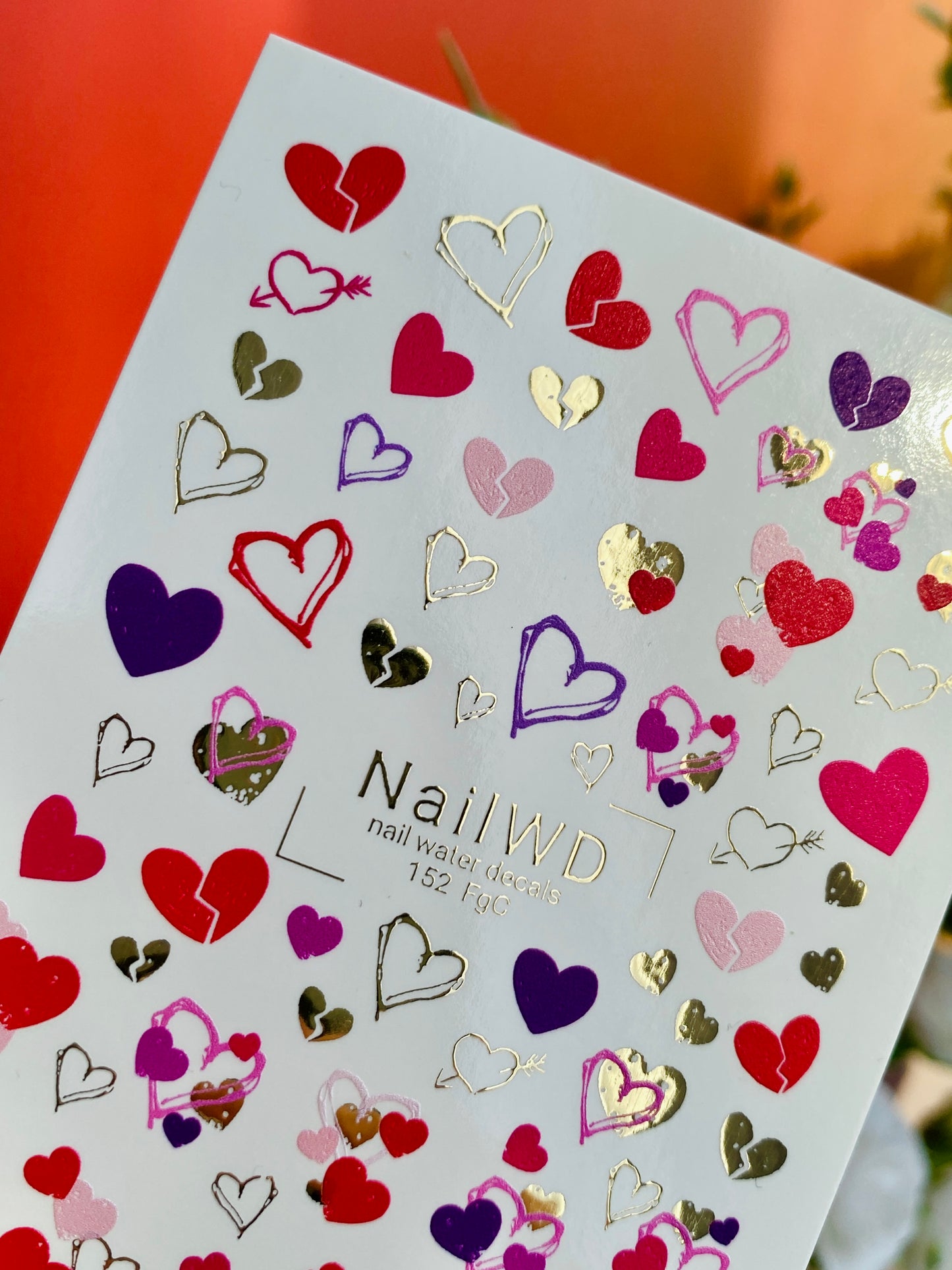 Nail Water Decal 152 Nail WD | Water Slide Nail Decals Colorful Hearts & Gold | Romantic Nail Water Decals