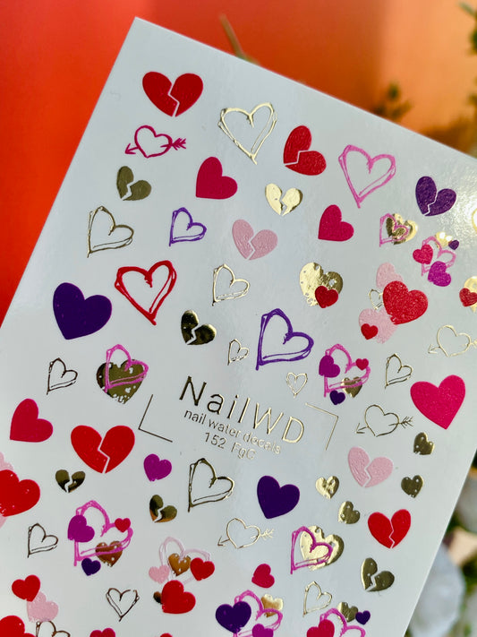 Nail Water Decal 152 Nail WD | Water Slide Nail Decals Colorful Hearts & Gold | Romantic Nail Water Decals