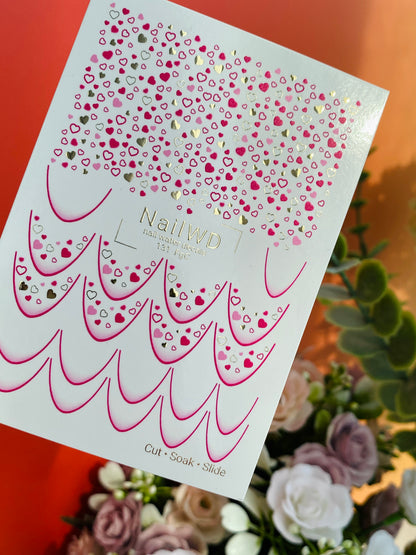 Nail Water Decal 131 NailWD | Water Slide Nail Decals Hearts French | Pink & Gold Romantic Design
