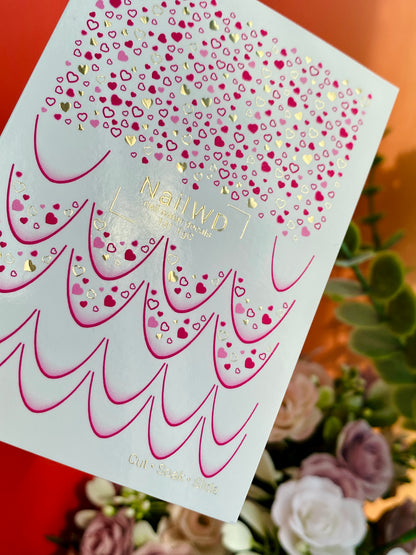 Nail Water Decal 131 NailWD | Water Slide Nail Decals Hearts French | Pink & Gold Romantic Design