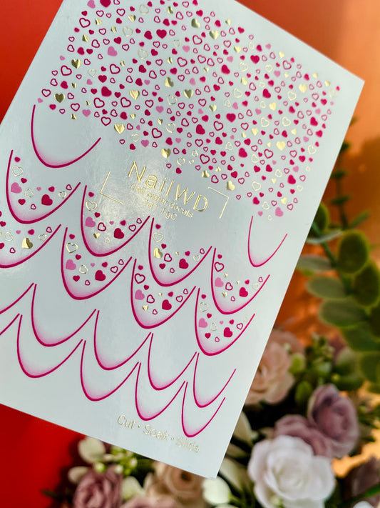 Nail Water Decal 131 NailWD | Water Slide Nail Decals Hearts French | Pink & Gold Romantic Design