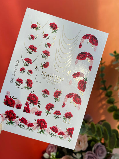 Nail Water Decal 124 NailWD | Water Slide Nail Decals Red Roses | Romantic Floral French