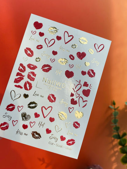 Nail Water Decal 132 NailWD | Water Slide Nail Decals Lips & Hearts | Romantic Kiss Design