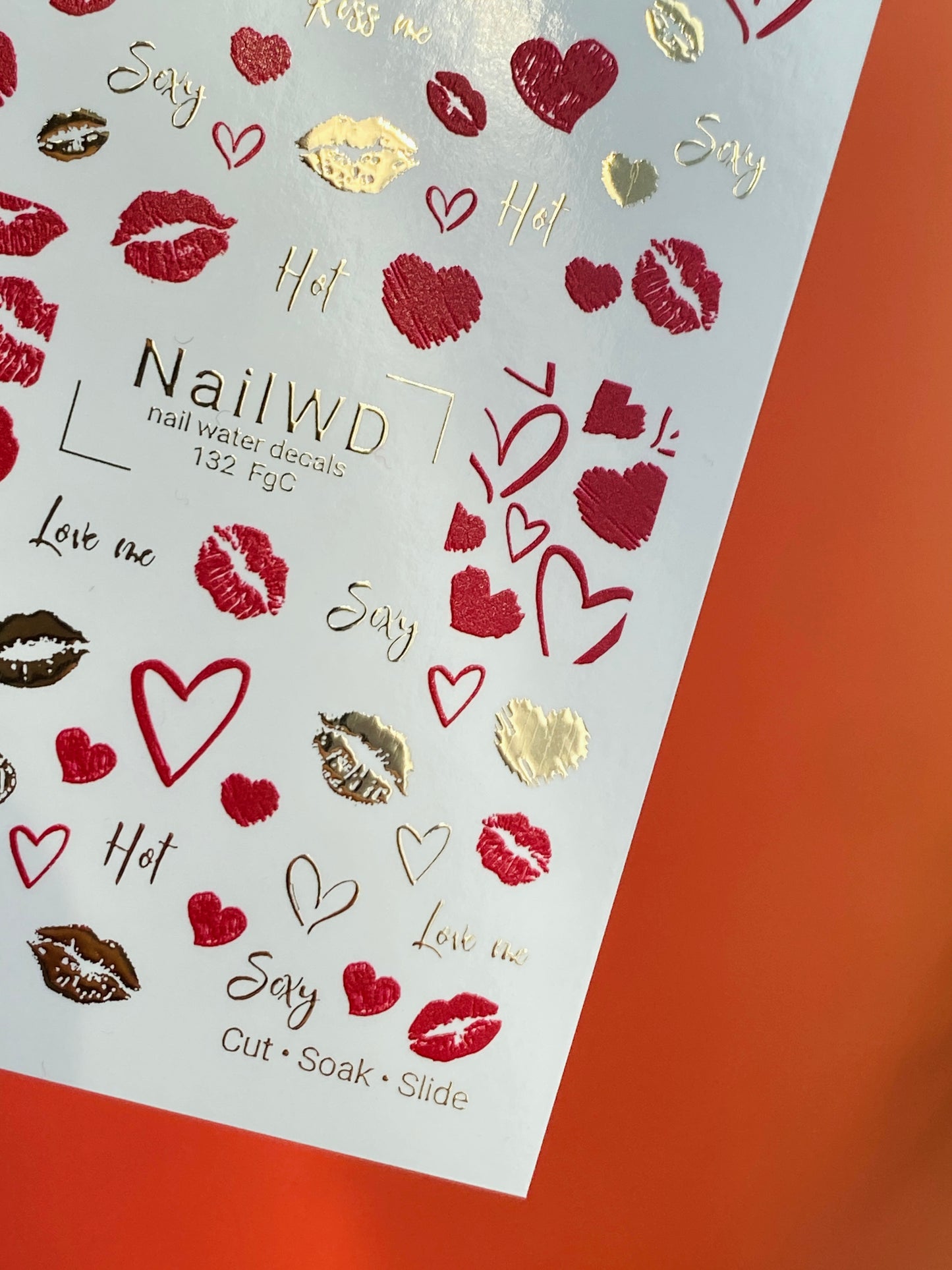 Nail Water Decal 132 NailWD | Water Slide Nail Decals Lips & Hearts | Romantic Kiss Design