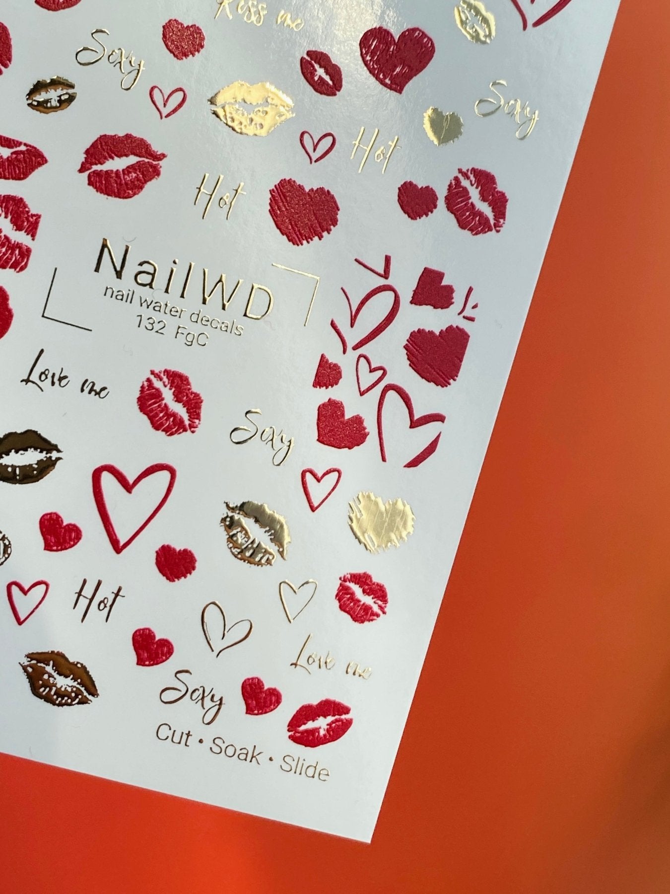 Nail Water Decal 132 NailWD | Water Slide Nail Decals Lips & Hearts | Romantic Kiss Design