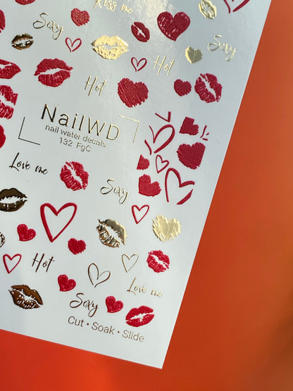 Nail Water Decal 132 NailWD | Water Slide Nail Decals Lips & Hearts | Romantic Kiss Design