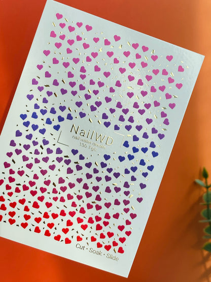 Naklejka na paznokcie 130 NailWD | Naklejki na paznokcie do zmywania wodą Gradientowe serca | Romantyczny ombre design