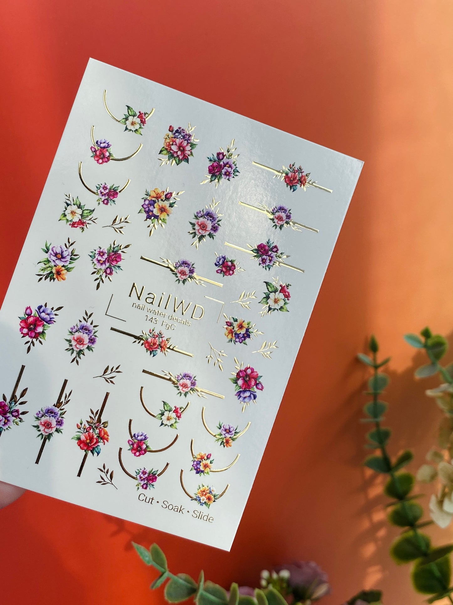 Nail Water Decal 143 NailWD | Water Slide Nail Decals Colorful Flowers | Floral French with Gold Accents