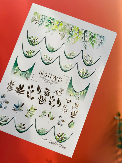 Nail Water Decal 149 Nail WD | Water Slide Nail Decals Green Leaves | Botanical French Design with Gold Accents