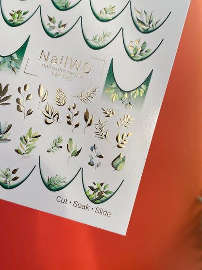 Nail Water Decal 149 Nail WD | Water Slide Nail Decals Green Leaves | Botanical French Design with Gold Accents