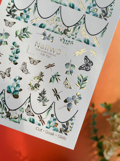 Nail Water Decal 138 NailWD | Water Slide Nail Decals Greenery French | Botanical Leaves & Butterflies