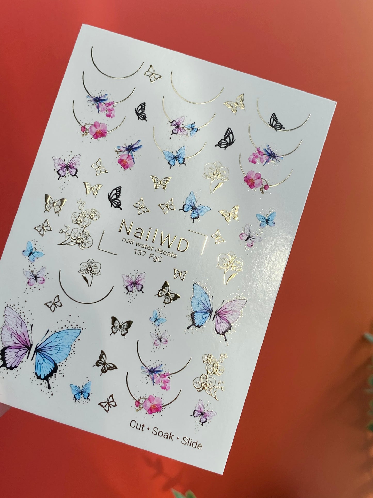 Décalcomanie d'eau pour ongles 137 NailWD | Décalcomanies à glissière d'eau pour ongles Papillons & Orchidées | Design floral français pastel