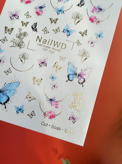 Décalcomanie d'eau pour ongles 137 NailWD | Décalcomanies à glissière d'eau pour ongles Papillons & Orchidées | Design floral français pastel