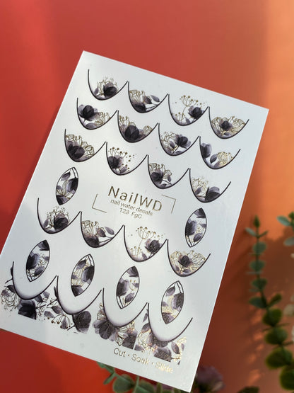 Nail Water Decal 123 NailWD | Water Slide Nail Decals Floral French | Black & Gold Botanical Design