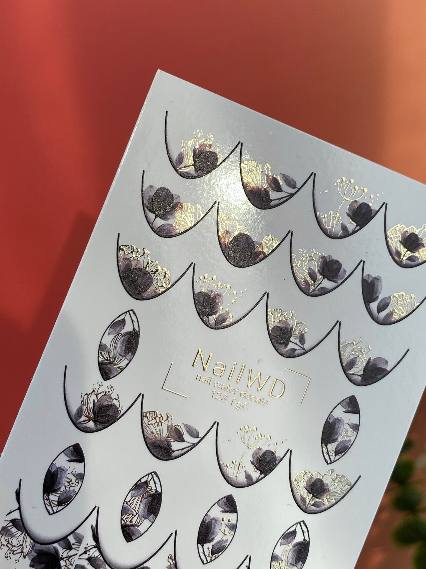 Nail Water Decal 123 NailWD | Water Slide Nail Decals Floral French | Black & Gold Botanical Design