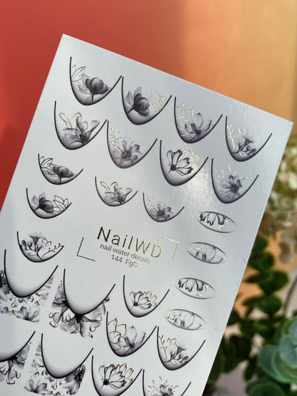 Nail Water Decal 144 NailWD | Water Slide Nail Decals Black & White Flowers | Elegant Floral French Design