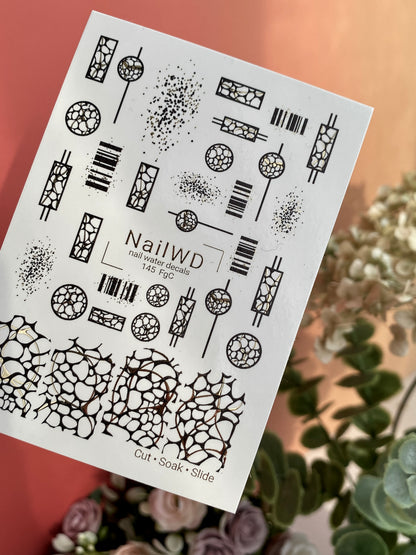 Nail Water Decal 145 NailWD | Water Slide Nail Decals Geometric Abstract | Modern Black & Gold Patterns