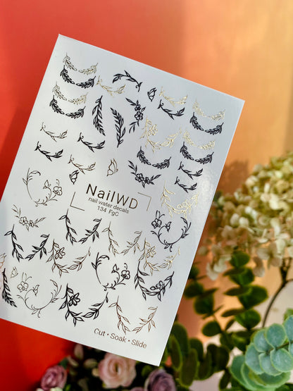 Nail Water Decal 134 NailWD | Water Slide Nail Decals Floral Outlines | Black & Gold Minimalist Wreaths