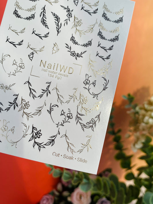 Nail Water Decal 134 NailWD | Water Slide Nail Decals Floral Outlines | Black & Gold Minimalist Wreaths