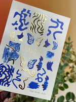 Nail Water Decal 177 Nail WD | Water Slide Nail Decals Blue Abstract Waves & Butterflies | Nail Water Decals with Gold Accents