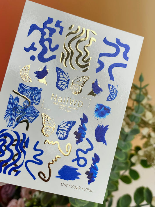 Nail Water Decal 177 Nail WD | Water Slide Nail Decals Blue Abstract Waves & Butterflies | Nail Water Decals with Gold Accents