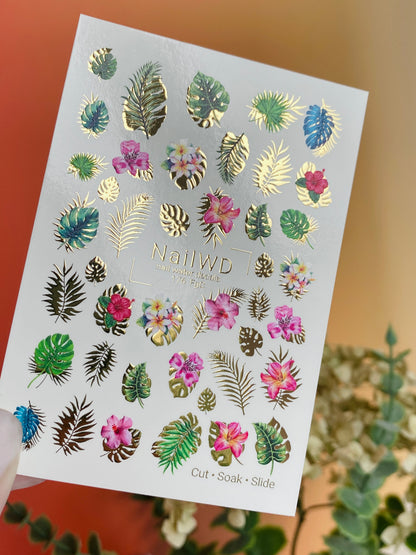Adesivo per unghie ad acqua 176 Nail WD | Adesivi per unghie a scivolamento ad acqua foglie tropicali e ibisco | Adesivi per unghie ad acqua con design floreale esotico