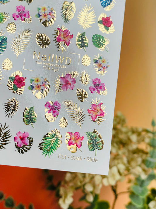 Nail Water Decal 176 Nail WD | Water Slide Nail Decals Tropical Leaves & Hibiscus | Nail Water Decals with Exotic Floral Design