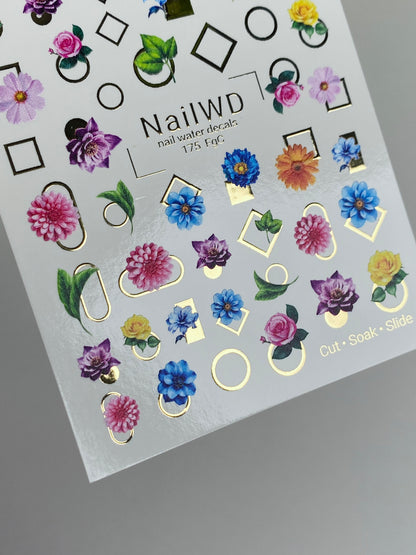 Adesivo per unghie ad acqua 175 Nail WD | Adesivi per unghie a scivolamento ad acqua fiori colorati | Adesivi per unghie ad acqua con cornici geometriche dorate