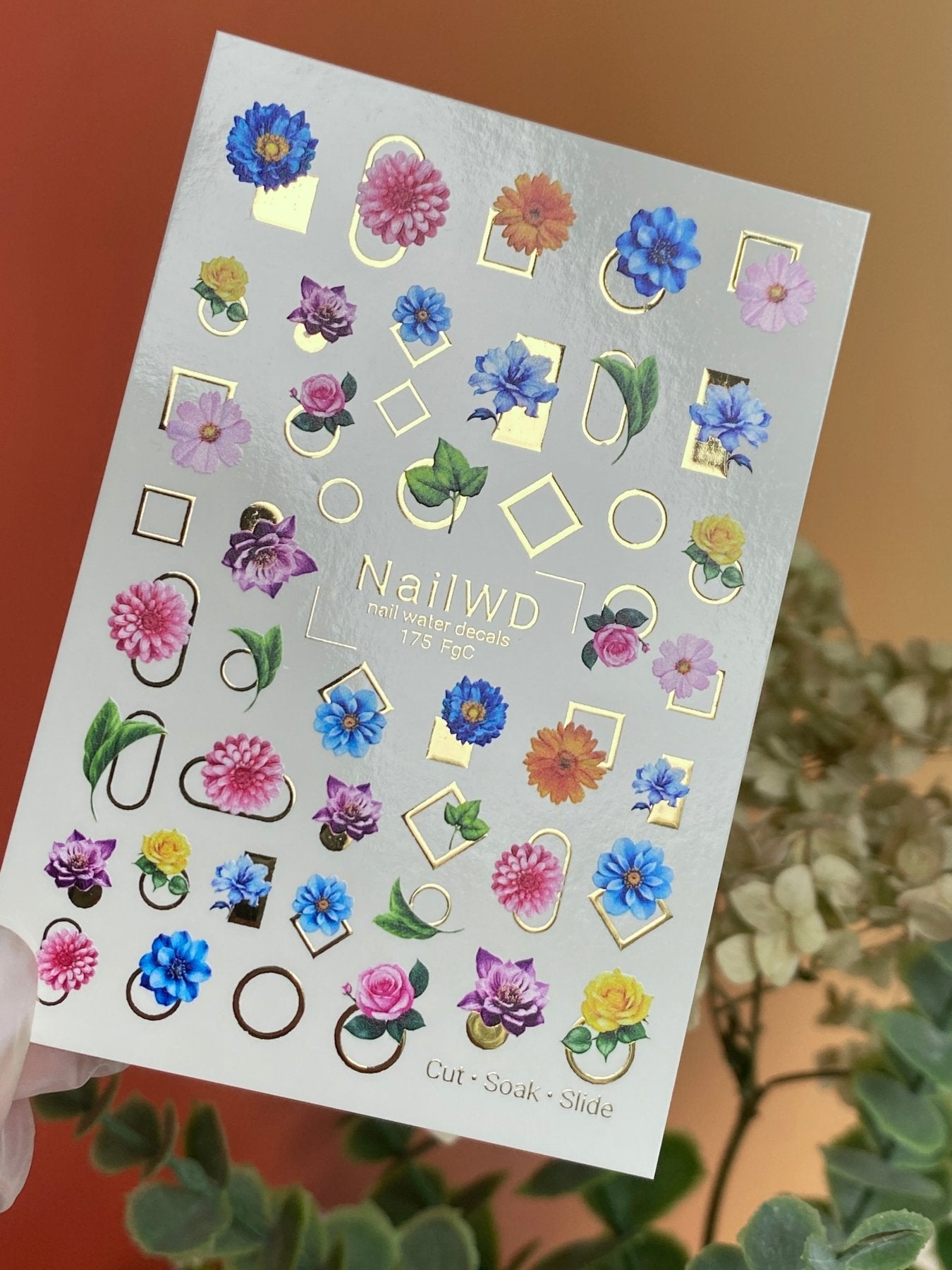 Nail Water Decal 175 Nail WD | Water Slide Nail Decals Colorful Flowers | Nail Water Decals with Geometric Gold Frames